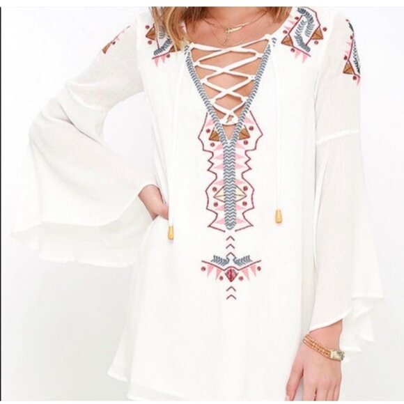 Lulus My Bell-Loved Ivory Embroidered Shift Tunic Top Peasant S Boho Cottage Cor - Picture 3 of 15